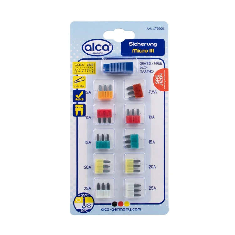 Bezpiecznik samochodowy Bezpieczniki Micro 3 5 – 25 A – 10 szt. Alca